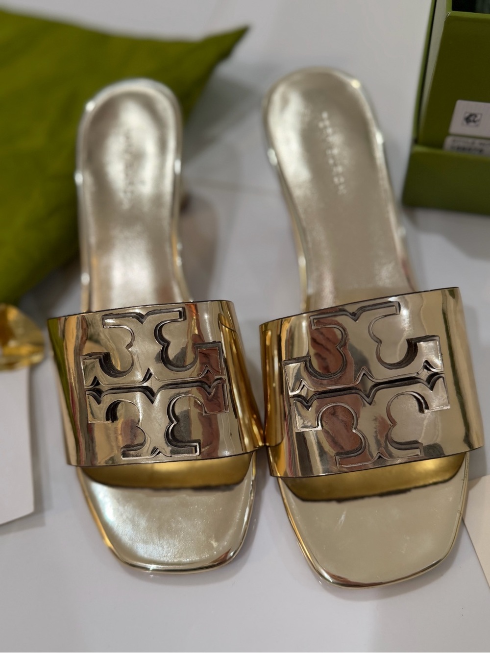 Tory Burch Metallic Gold Logo Slide Mules